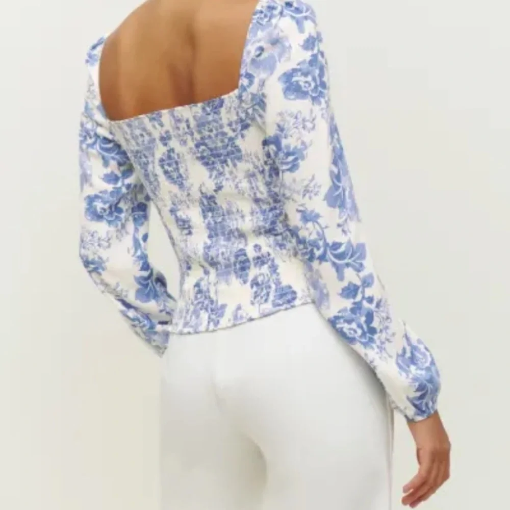 Reformation Blue and White Floral Square-Neck Long Sleeve Top